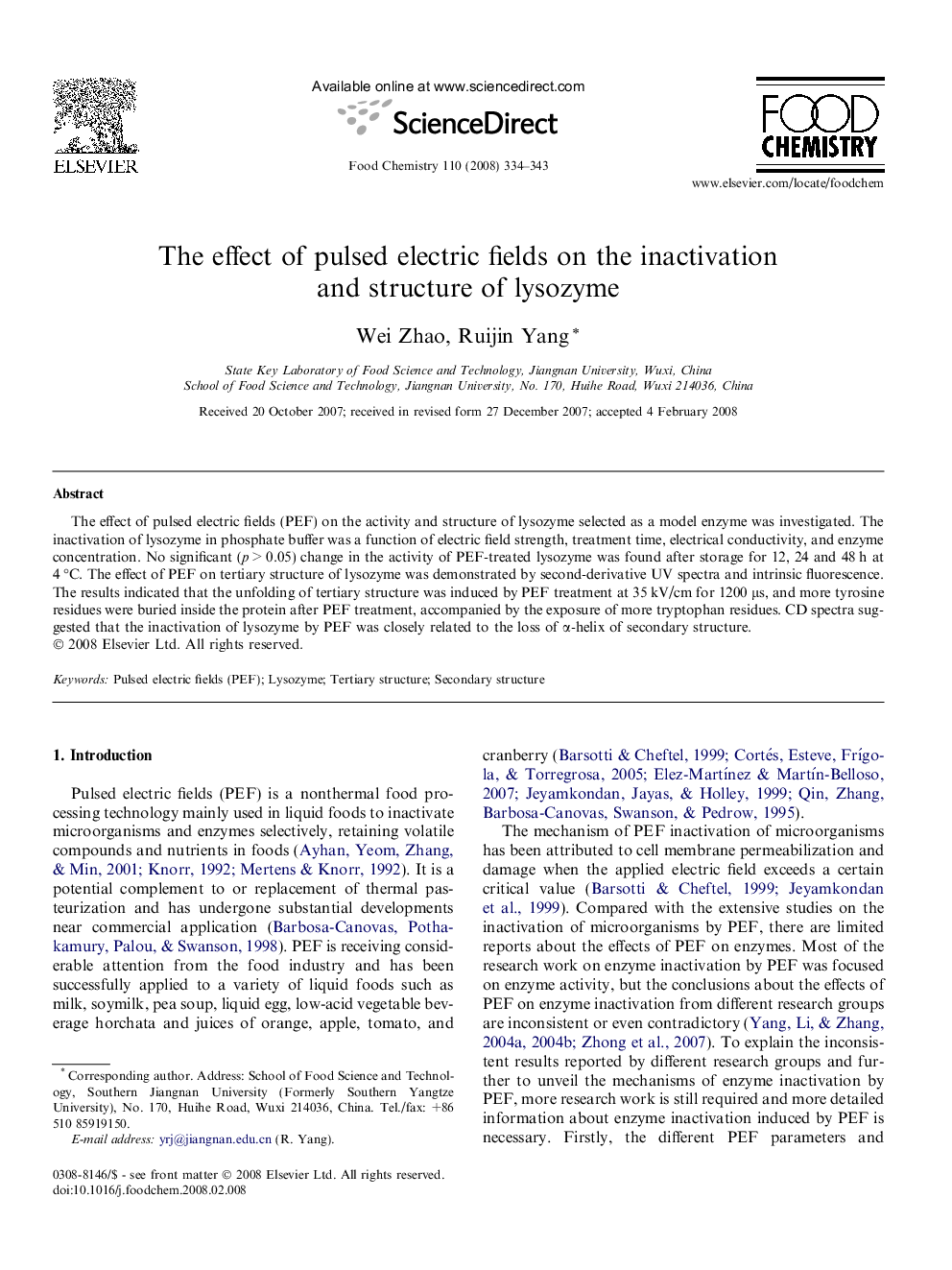 The effect of pulsed electric fields on the inactivation and structure of lysozyme