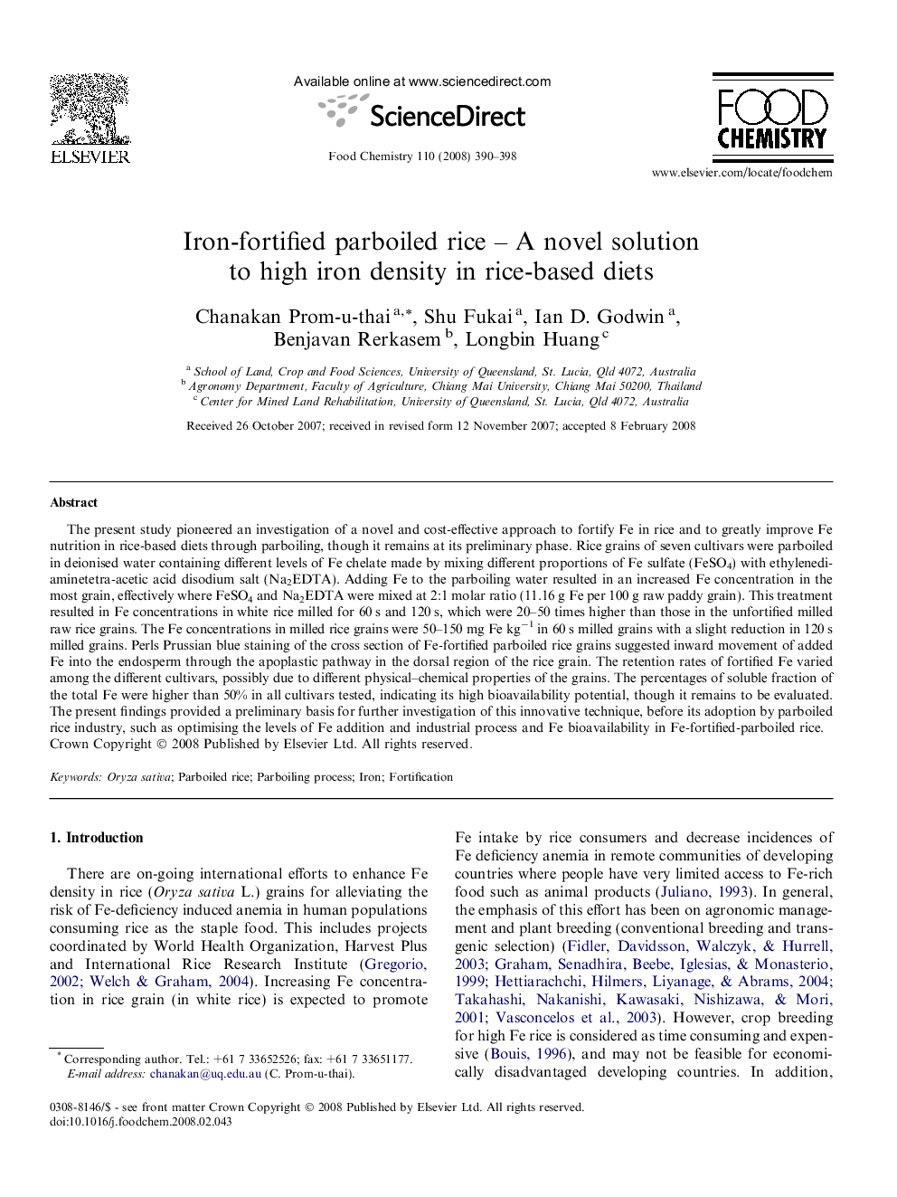 Iron-fortified parboiled rice – A novel solution to high iron density in rice-based diets