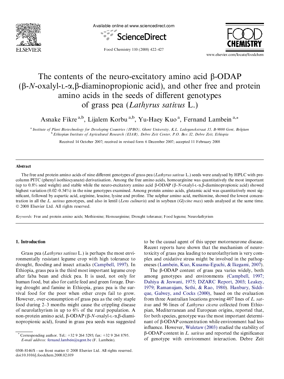 The contents of the neuro-excitatory amino acid β-ODAP (β-N-oxalyl-l-α,β-diaminopropionic acid), and other free and protein amino acids in the seeds of different genotypes of grass pea (Lathyrus sativus L.)