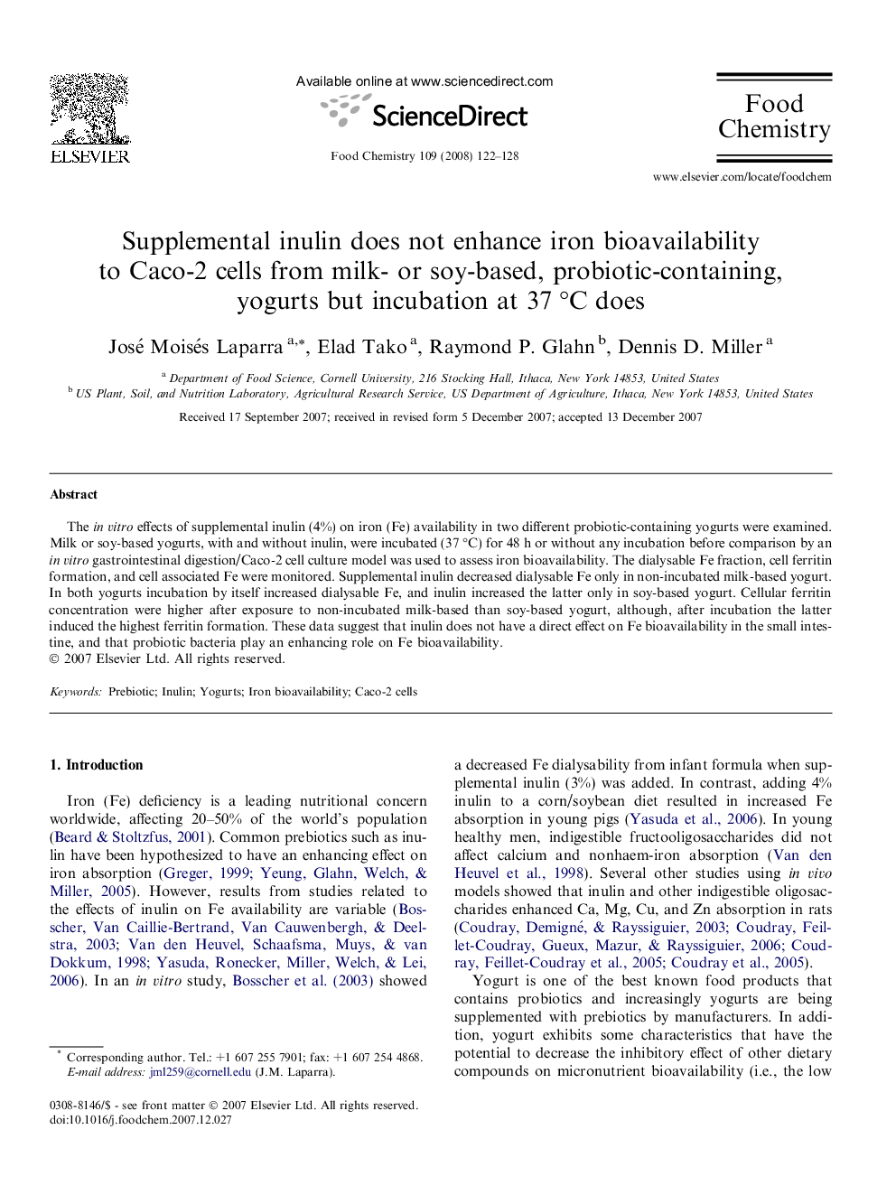 Supplemental inulin does not enhance iron bioavailability to Caco-2 cells from milk- or soy-based, probiotic-containing, yogurts but incubation at 37 °C does