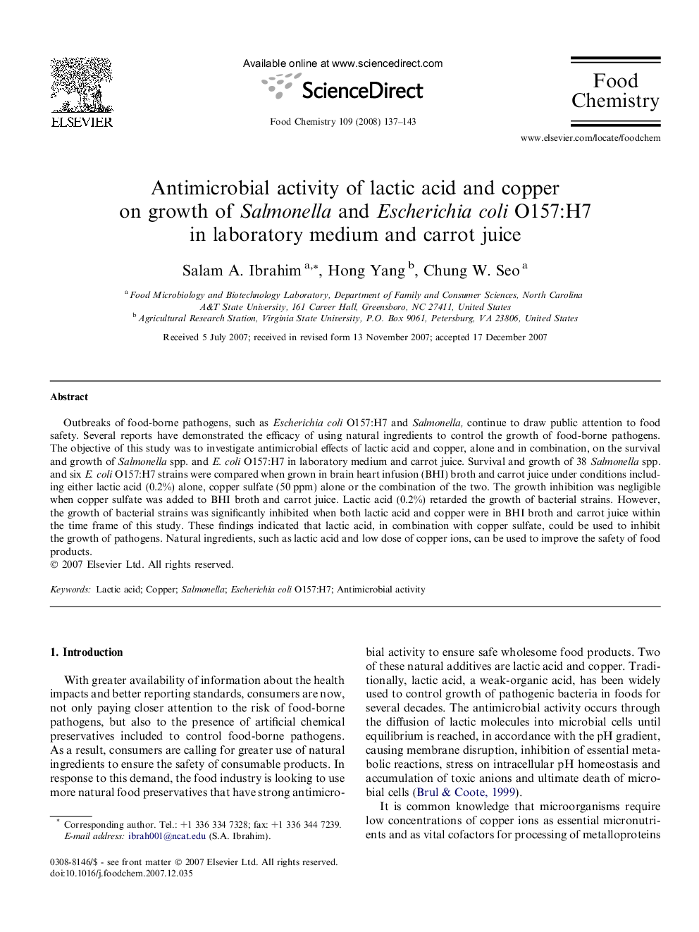 Antimicrobial activity of lactic acid and copper on growth of Salmonella and Escherichia coli O157:H7 in laboratory medium and carrot juice