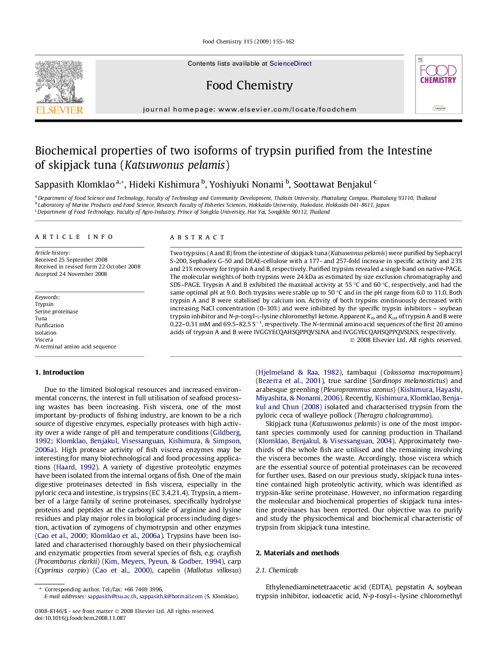 Biochemical properties of two isoforms of trypsin purified from the Intestine of skipjack tuna (Katsuwonus pelamis)