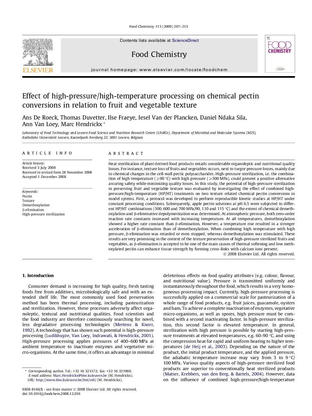 Effect of high-pressure/high-temperature processing on chemical pectin conversions in relation to fruit and vegetable texture