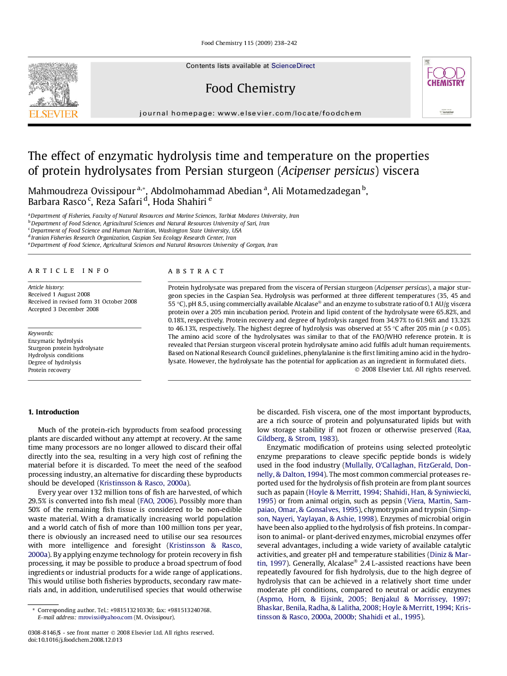 The effect of enzymatic hydrolysis time and temperature on the properties of protein hydrolysates from Persian sturgeon (Acipenser persicus) viscera