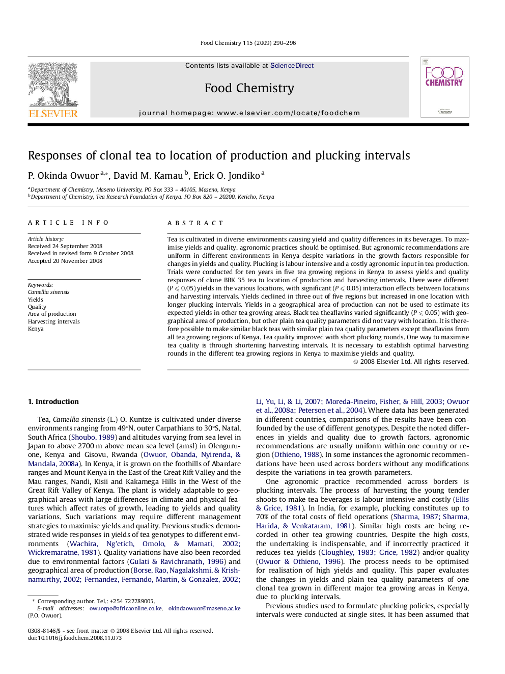 Responses of clonal tea to location of production and plucking intervals