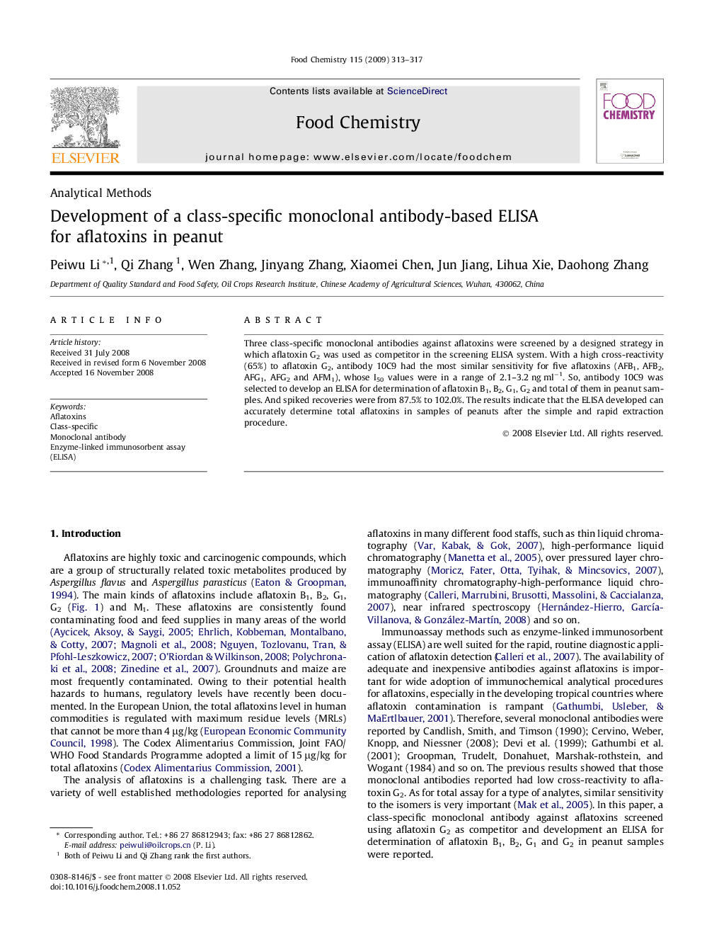 Development of a class-specific monoclonal antibody-based ELISA for aflatoxins in peanut