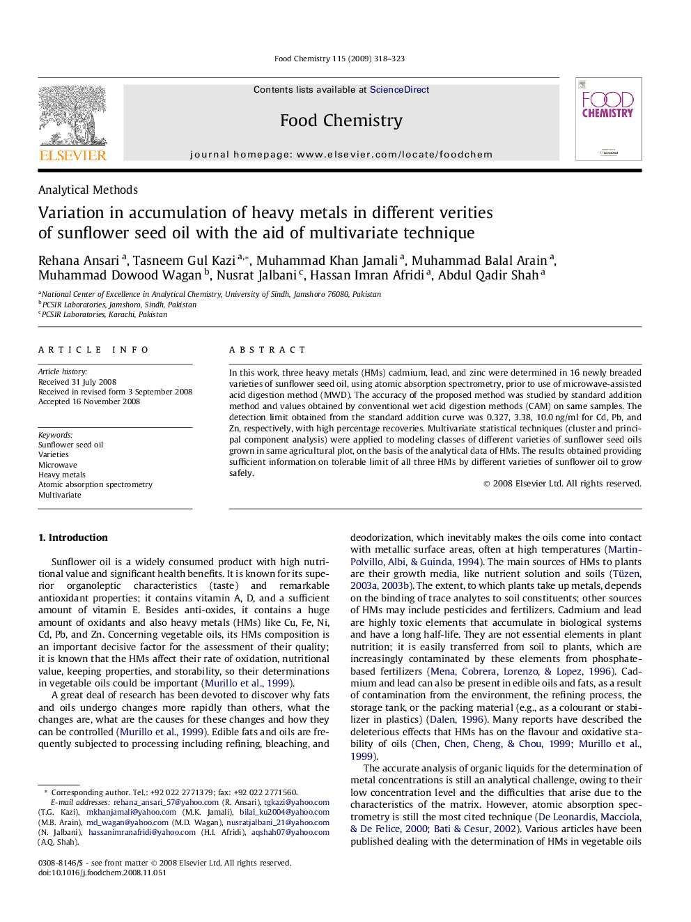 Variation in accumulation of heavy metals in different verities of sunflower seed oil with the aid of multivariate technique