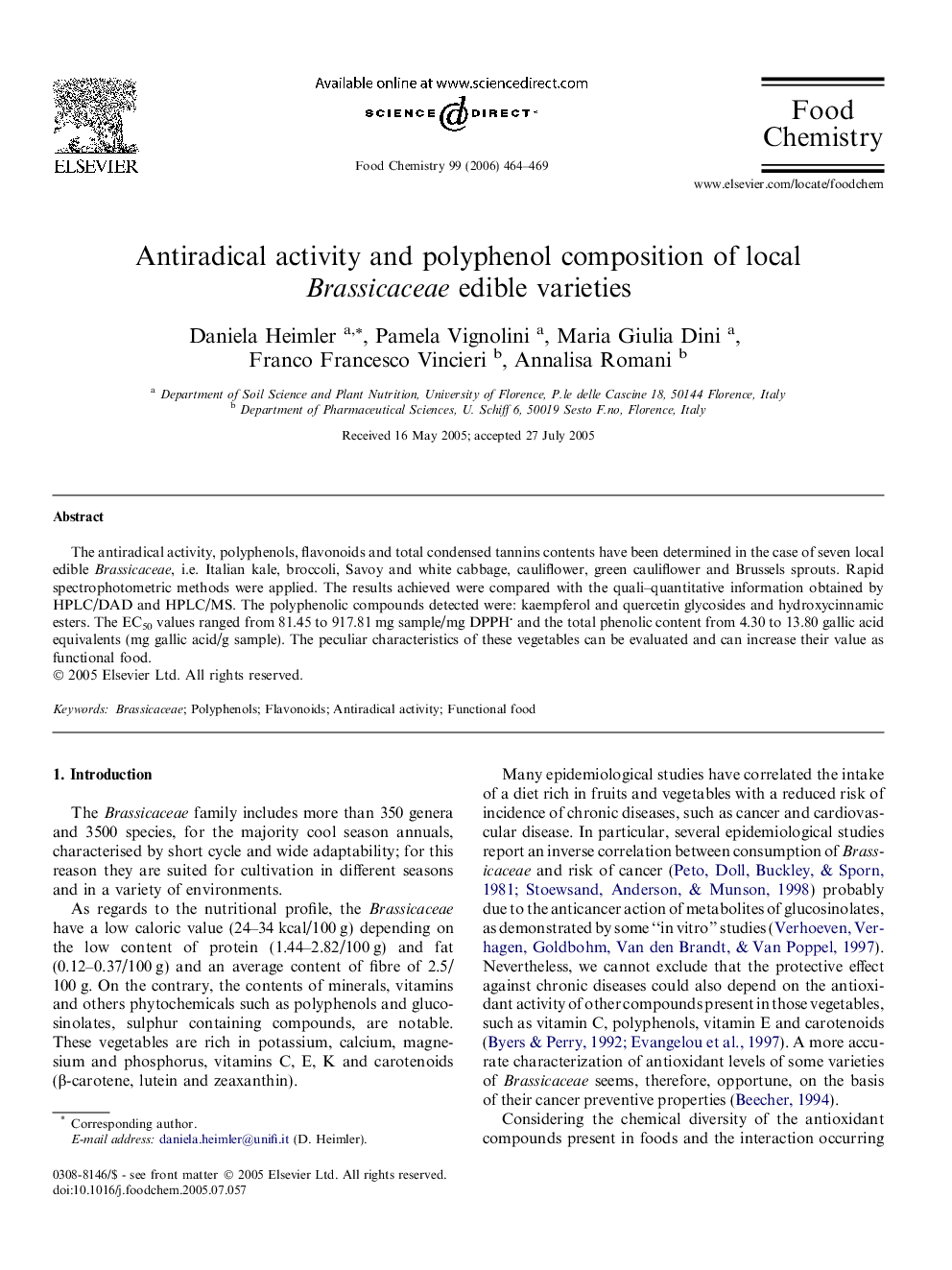 Antiradical activity and polyphenol composition of local Brassicaceae edible varieties