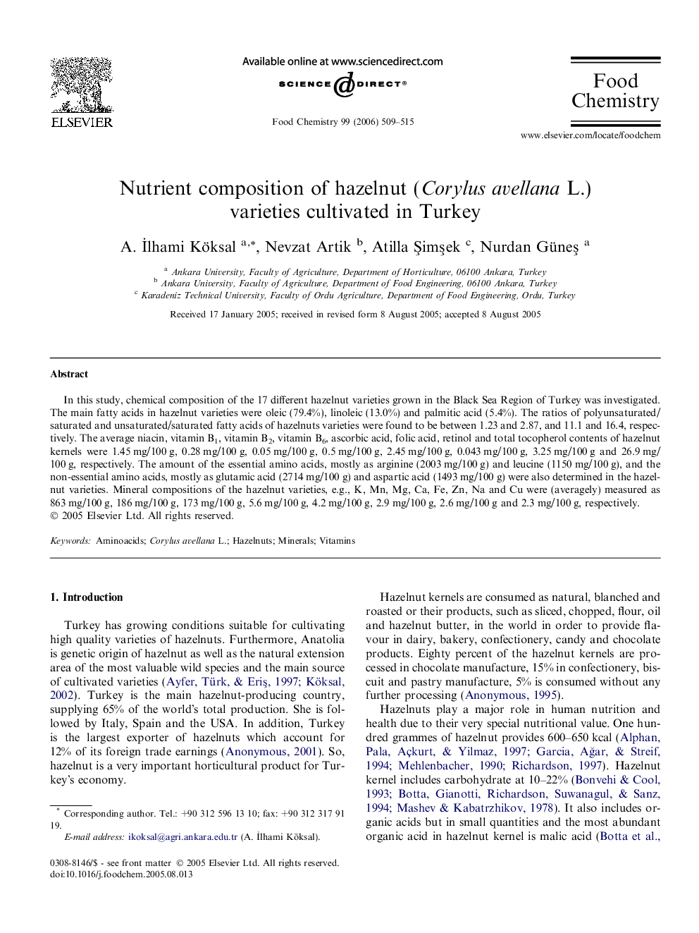 عکس صفحه اول مقاله: Nutrient composition of hazelnut (Corylus avellana L.) varieties cultivated in Turkey Nutrient composition of hazelnut (Corylus avellana L.) varieties cultivated in Turkey