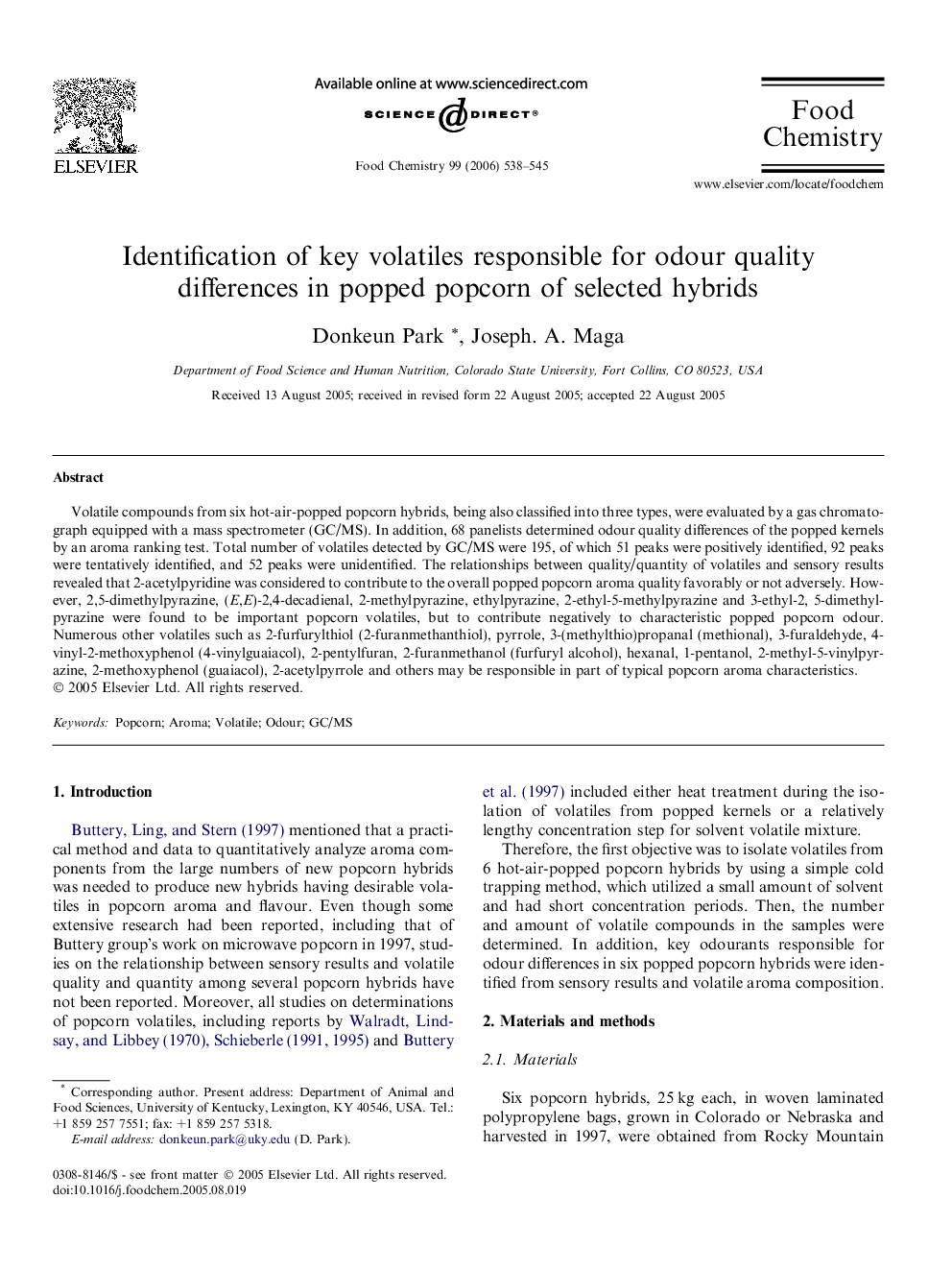 Identification of key volatiles responsible for odour quality differences in popped popcorn of selected hybrids