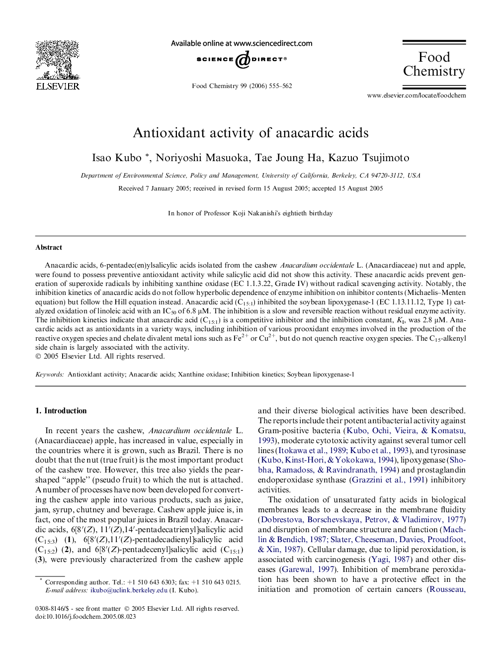 Antioxidant activity of anacardic acids