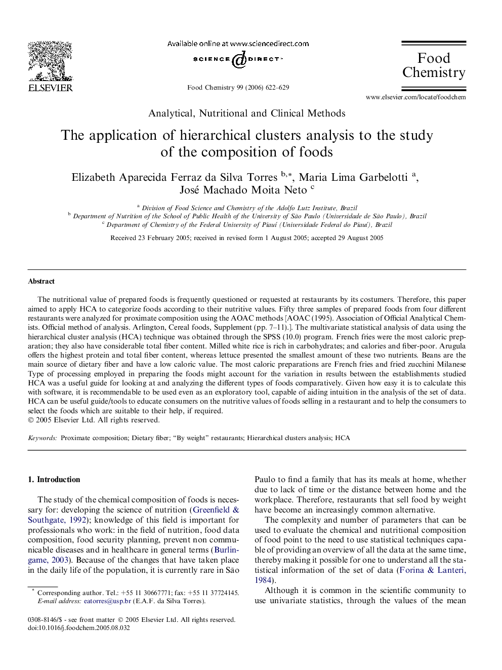 The application of hierarchical clusters analysis to the study of the composition of foods