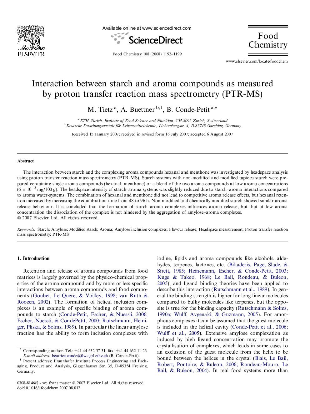 Interaction between starch and aroma compounds as measured by proton transfer reaction mass spectrometry (PTR-MS)