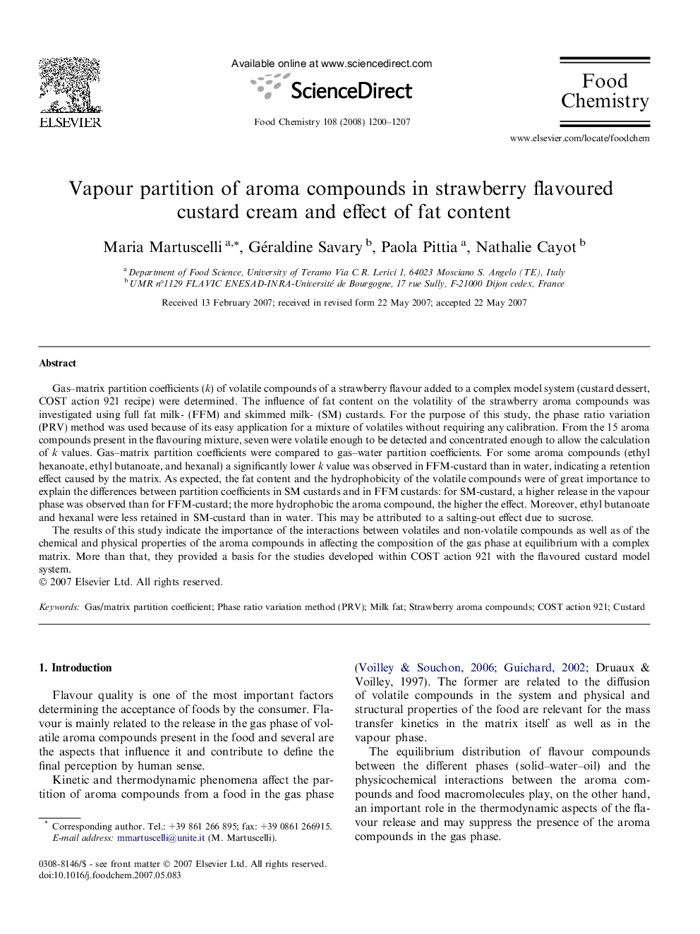 Vapour partition of aroma compounds in strawberry flavoured custard cream and effect of fat content