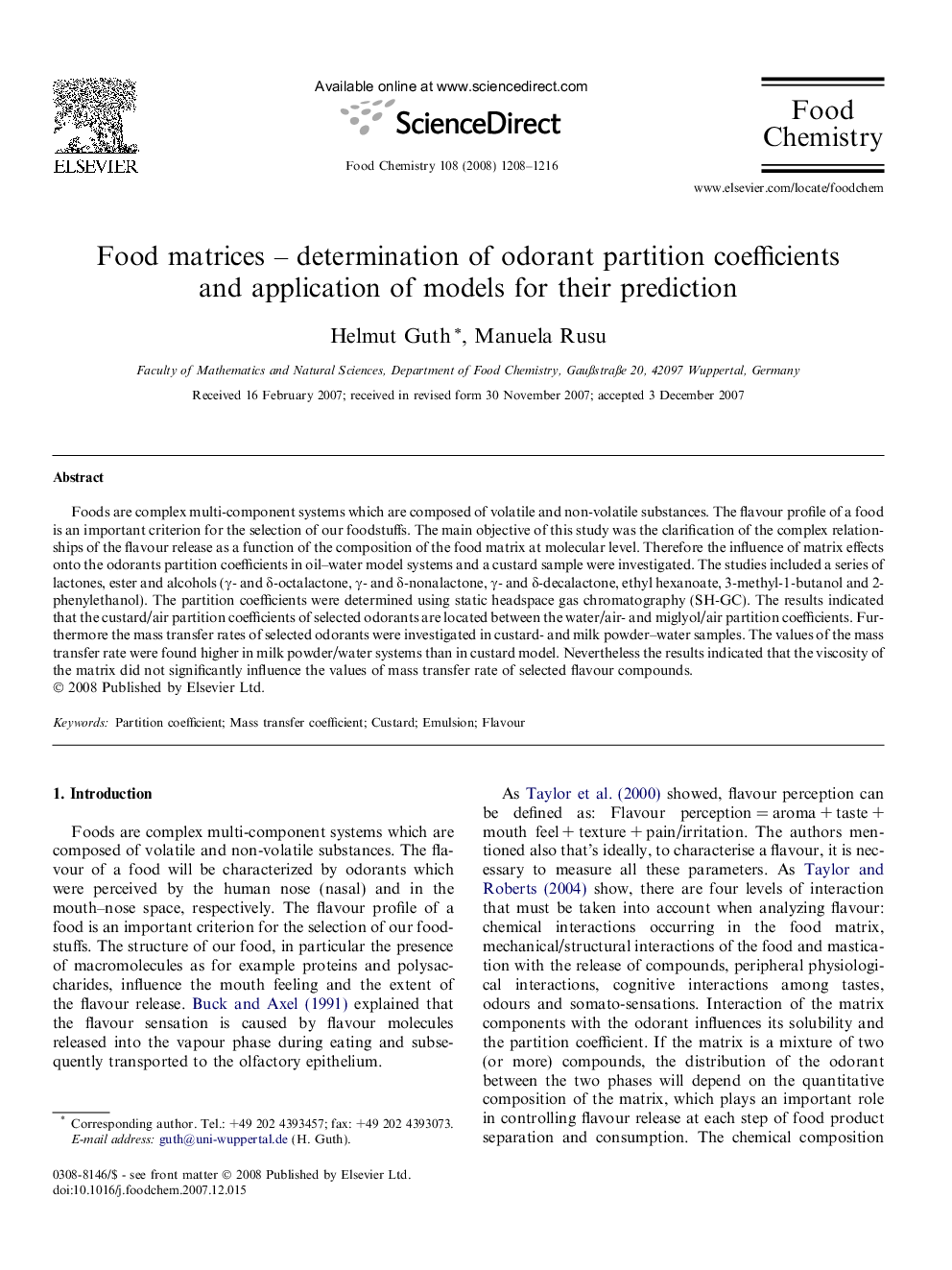 Food matrices – determination of odorant partition coefficients and application of models for their prediction