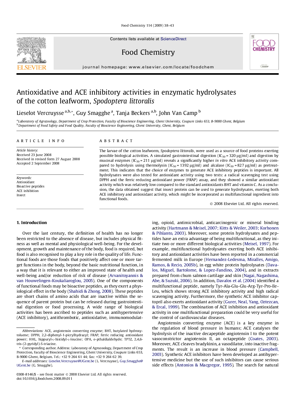 Antioxidative and ACE inhibitory activities in enzymatic hydrolysates of the cotton leafworm, Spodoptera littoralis