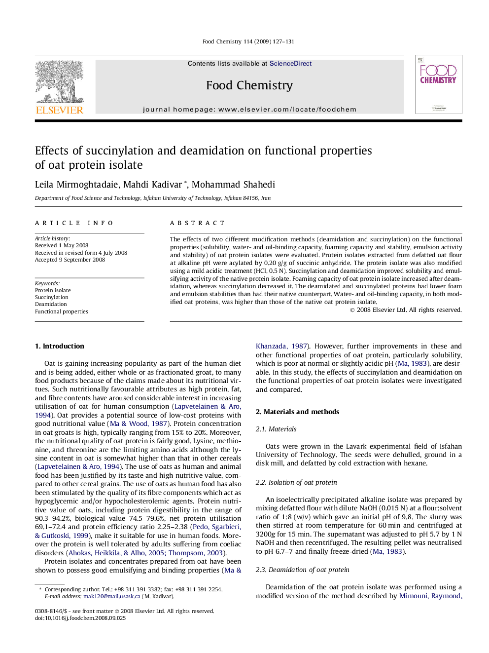 Effects of succinylation and deamidation on functional properties of oat protein isolate