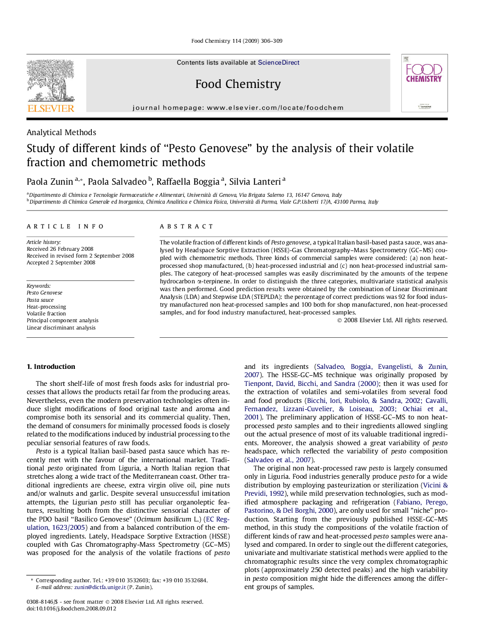 Study of different kinds of “Pesto Genovese” by the analysis of their volatile fraction and chemometric methods