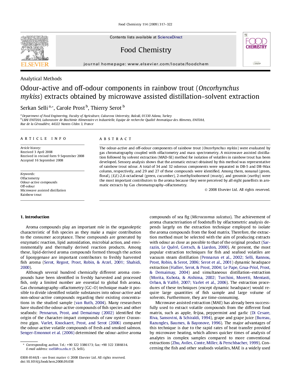 Odour-active and off-odour components in rainbow trout (Oncorhynchus mykiss) extracts obtained by microwave assisted distillation–solvent extraction