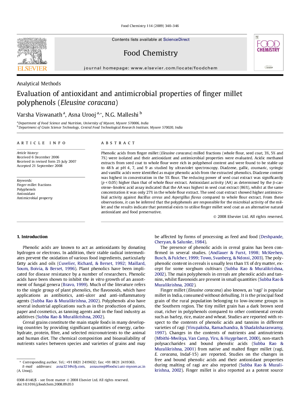 عکس صفحه اول مقاله: Evaluation of antioxidant and antimicrobial properties of finger millet polyphenols (Eleusine coracana) Evaluation of antioxidant and antimicrobial properties of finger millet polyphenols (Eleusine coracana)