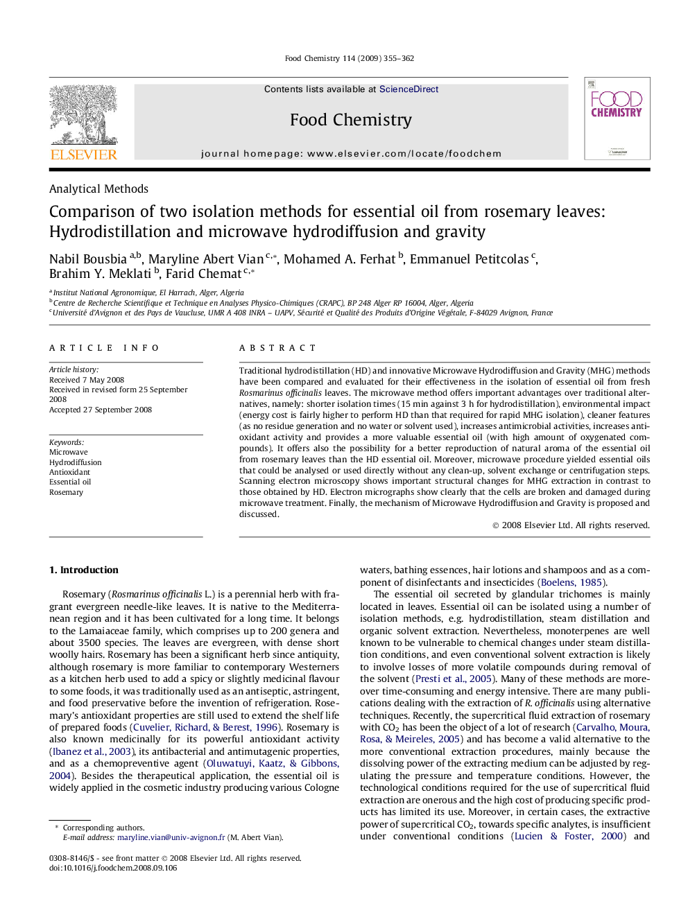 Comparison of two isolation methods for essential oil from rosemary leaves: Hydrodistillation and microwave hydrodiffusion and gravity