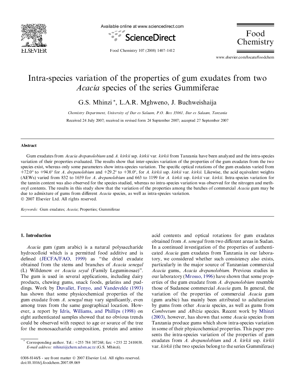 Intra-species variation of the properties of gum exudates from two Acacia species of the series Gummiferae