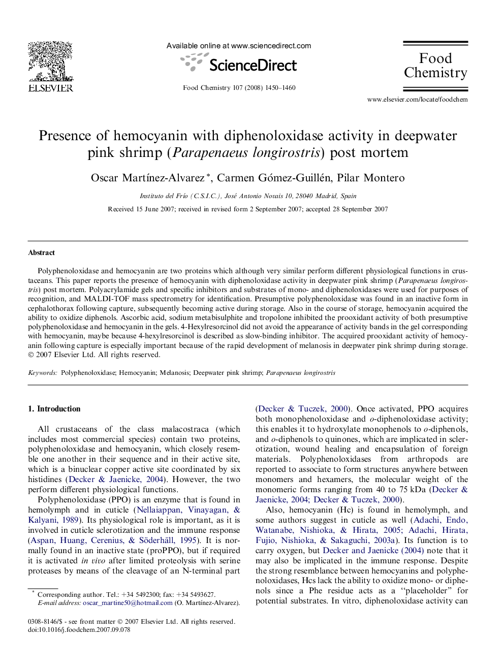 Presence of hemocyanin with diphenoloxidase activity in deepwater pink shrimp (Parapenaeus longirostris) post mortem