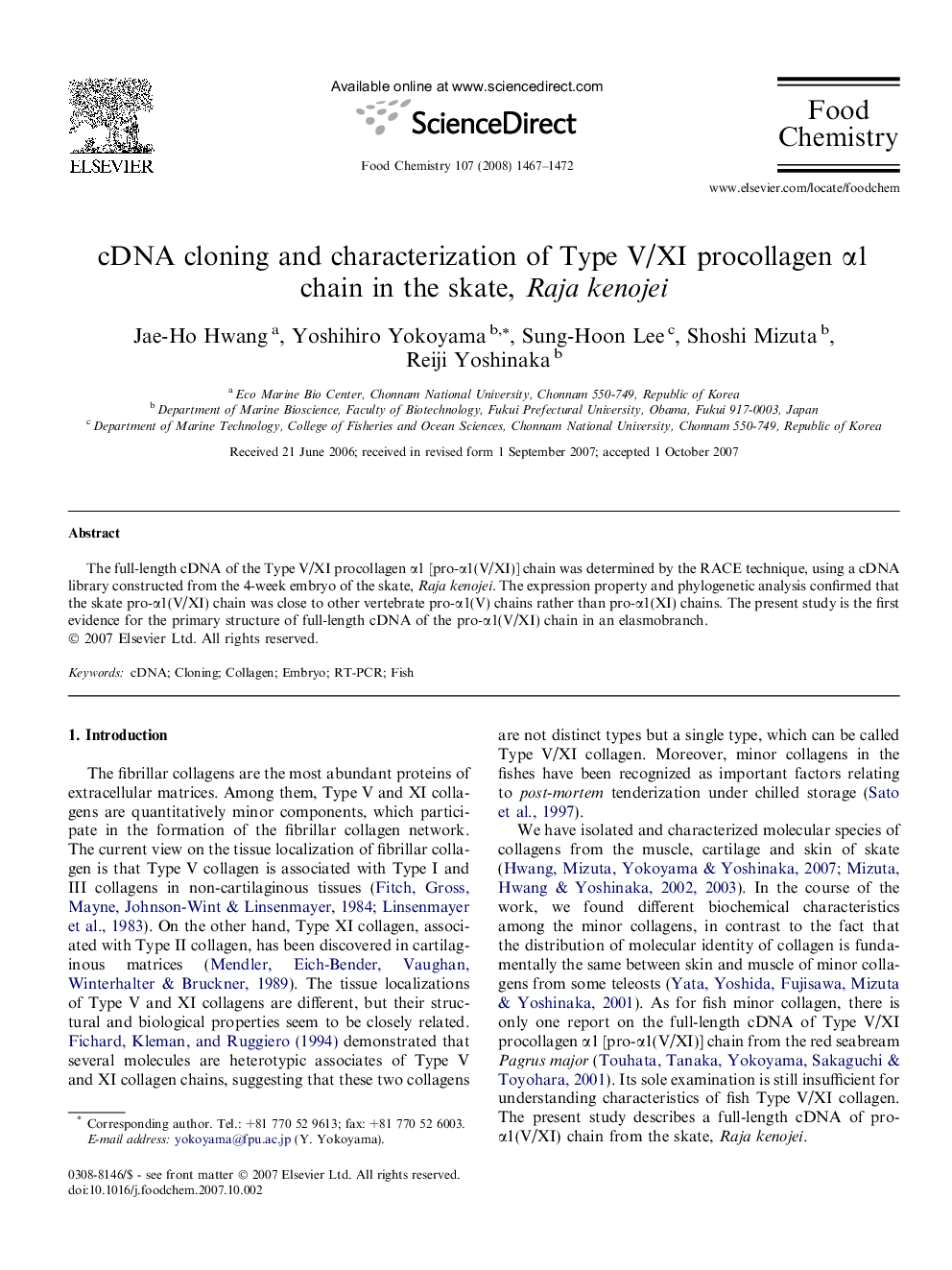 cDNA cloning and characterization of Type V/XI procollagen Î±1 chain in the skate, Raja kenojei