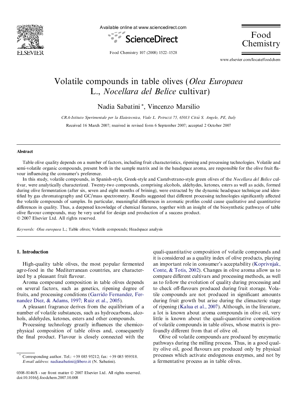 Volatile compounds in table olives (Olea Europaea L., Nocellara del Belice cultivar)