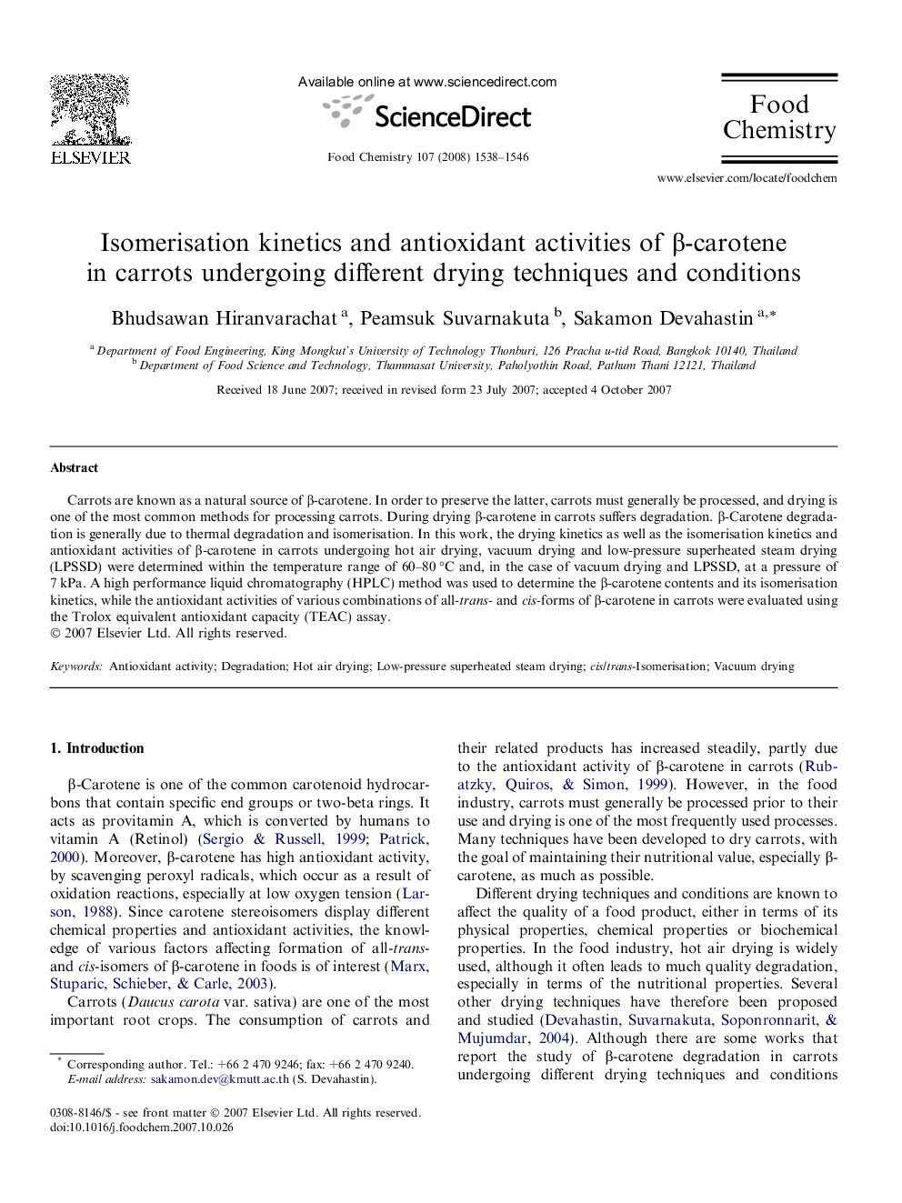 Isomerisation kinetics and antioxidant activities of β-carotene in carrots undergoing different drying techniques and conditions