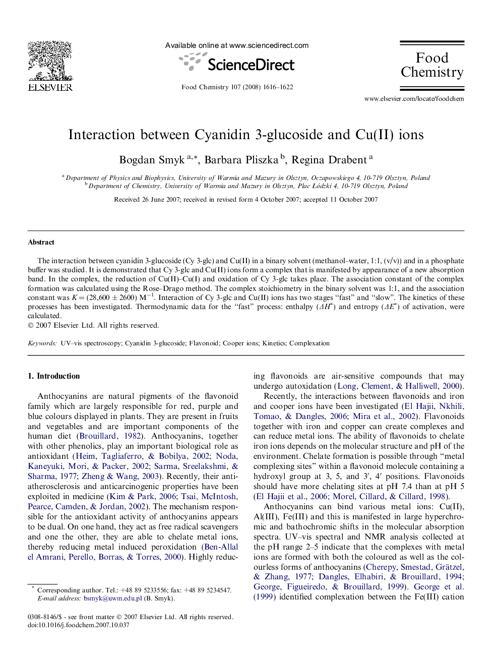 Interaction between Cyanidin 3-glucoside and Cu(II) ions