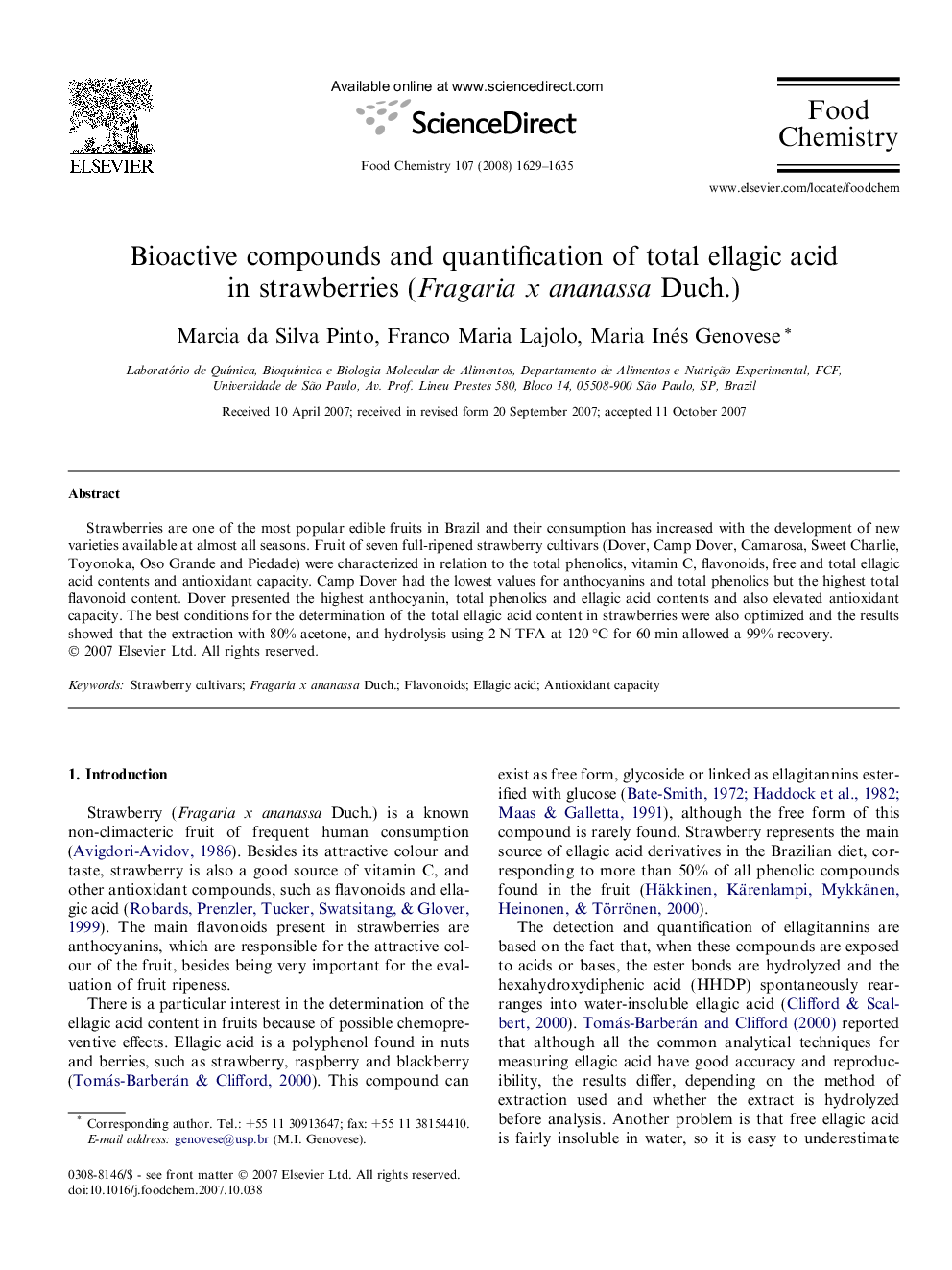 Bioactive compounds and quantification of total ellagic acid in strawberries (Fragaria x ananassa Duch.)