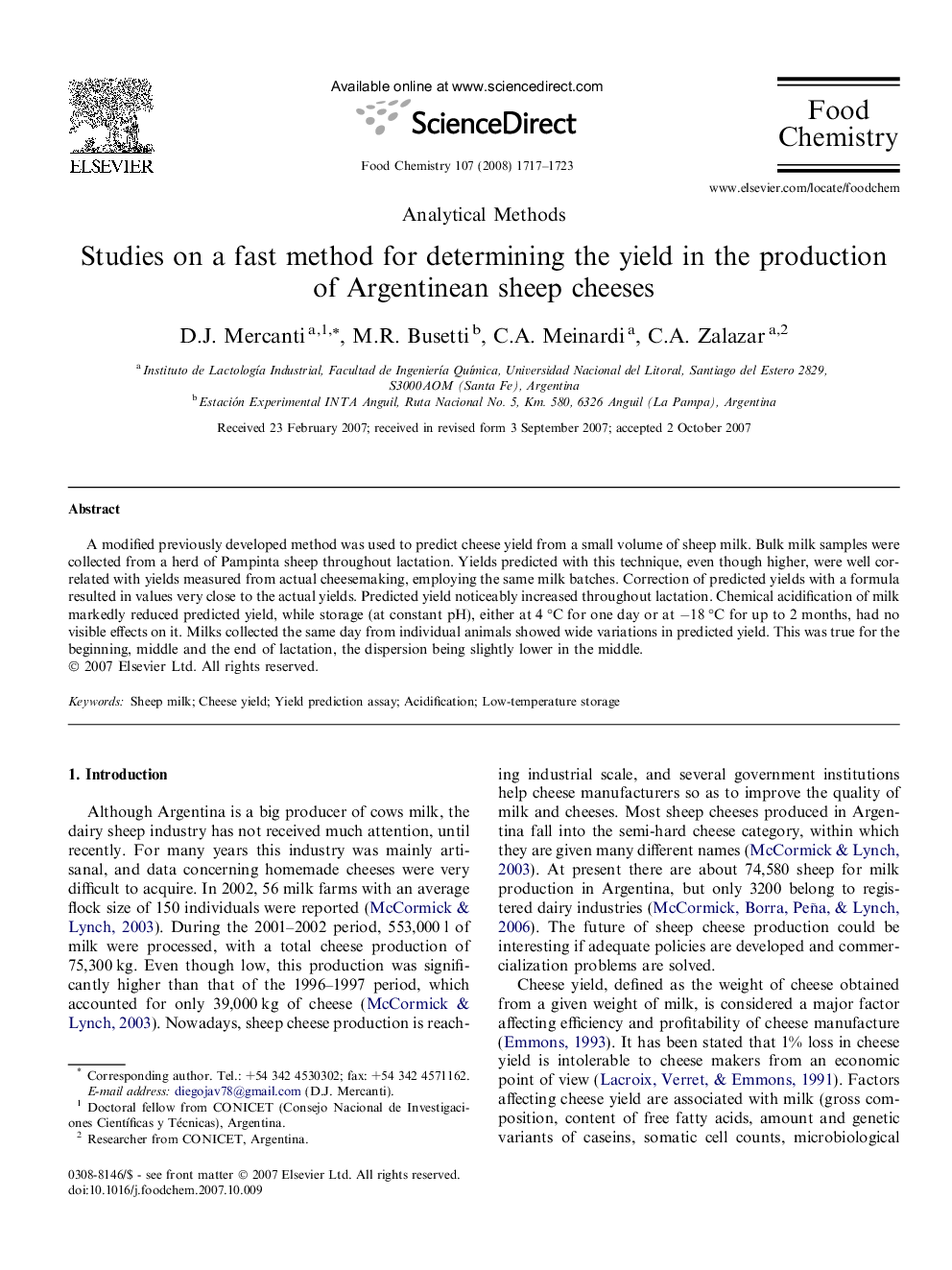 Studies on a fast method for determining the yield in the production of Argentinean sheep cheeses