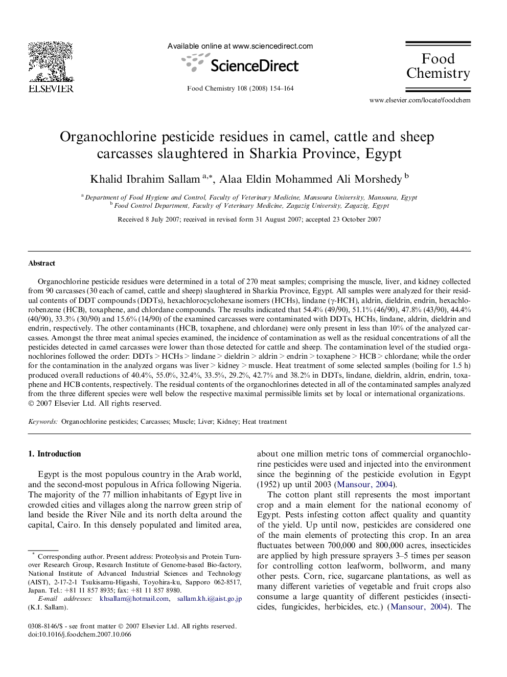 Organochlorine pesticide residues in camel, cattle and sheep carcasses slaughtered in Sharkia Province, Egypt