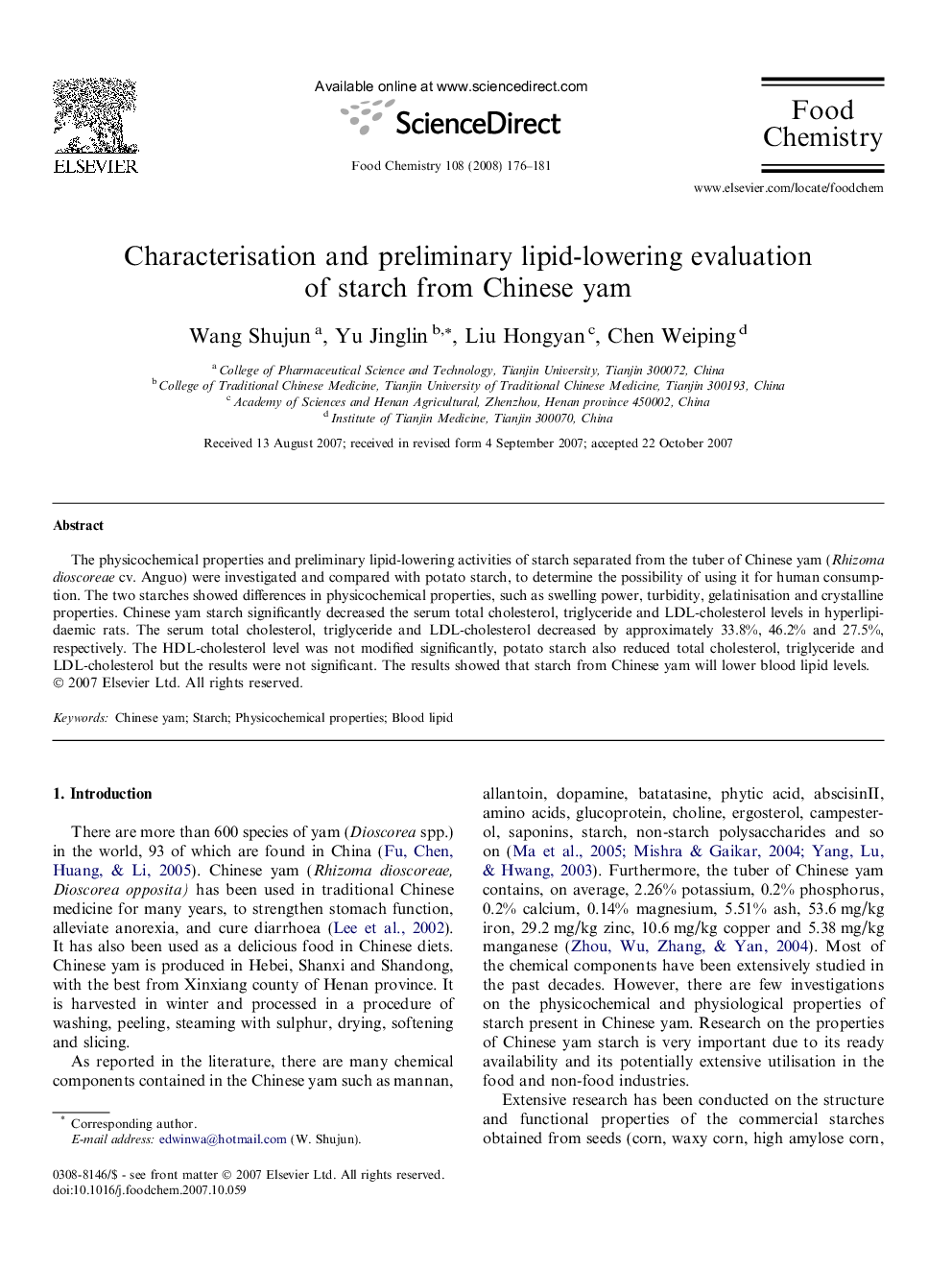 Characterisation and preliminary lipid-lowering evaluation of starch from Chinese yam