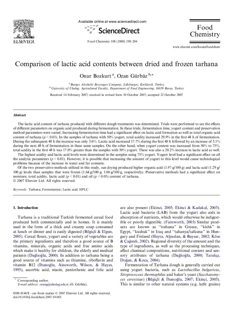 Comparison of lactic acid contents between dried and frozen tarhana