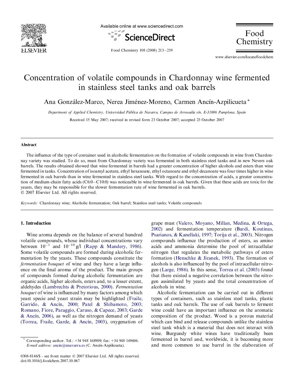 Concentration of volatile compounds in Chardonnay wine fermented in stainless steel tanks and oak barrels