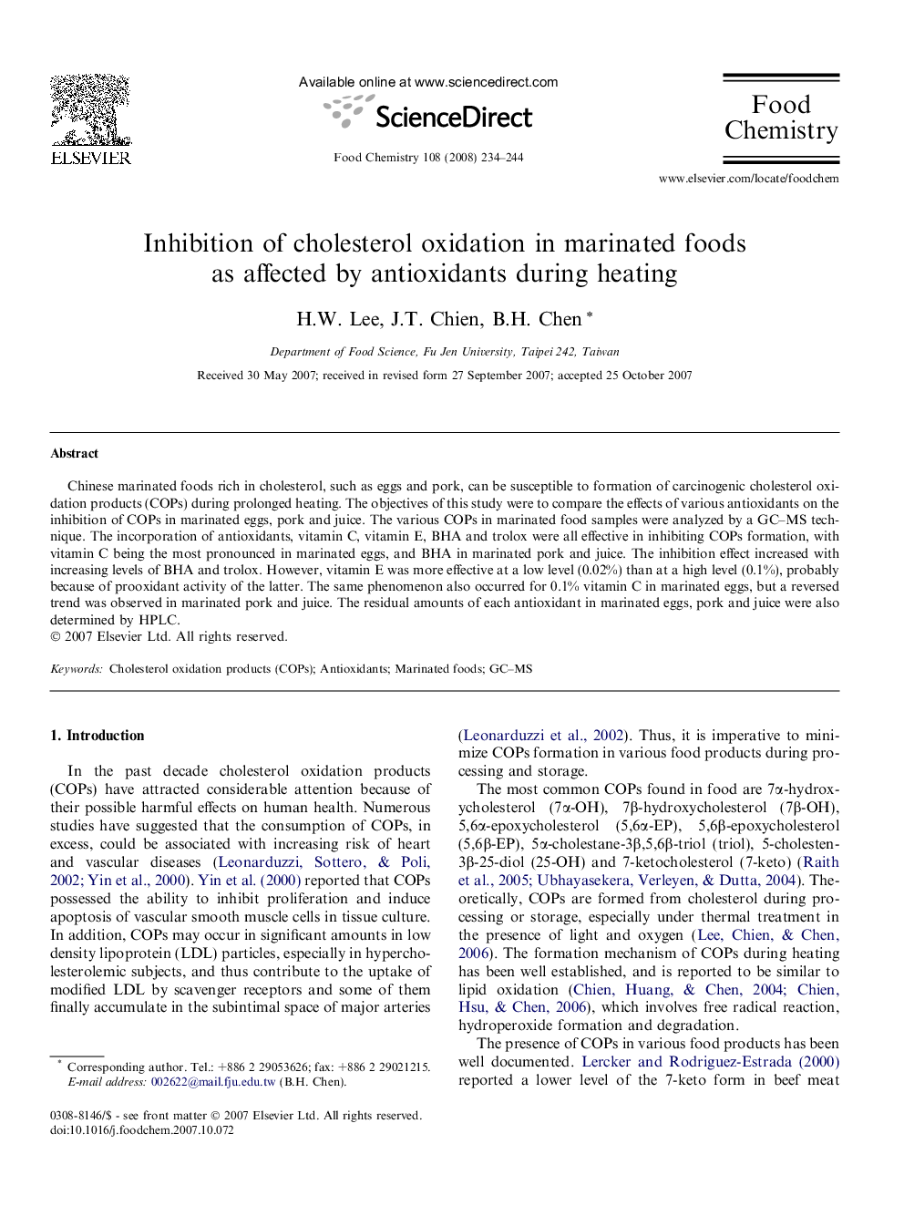 عکس صفحه اول مقاله: Inhibition of cholesterol oxidation in marinated foods as affected by antioxidants during heating Inhibition of cholesterol oxidation in marinated foods as affected by antioxidants during heating