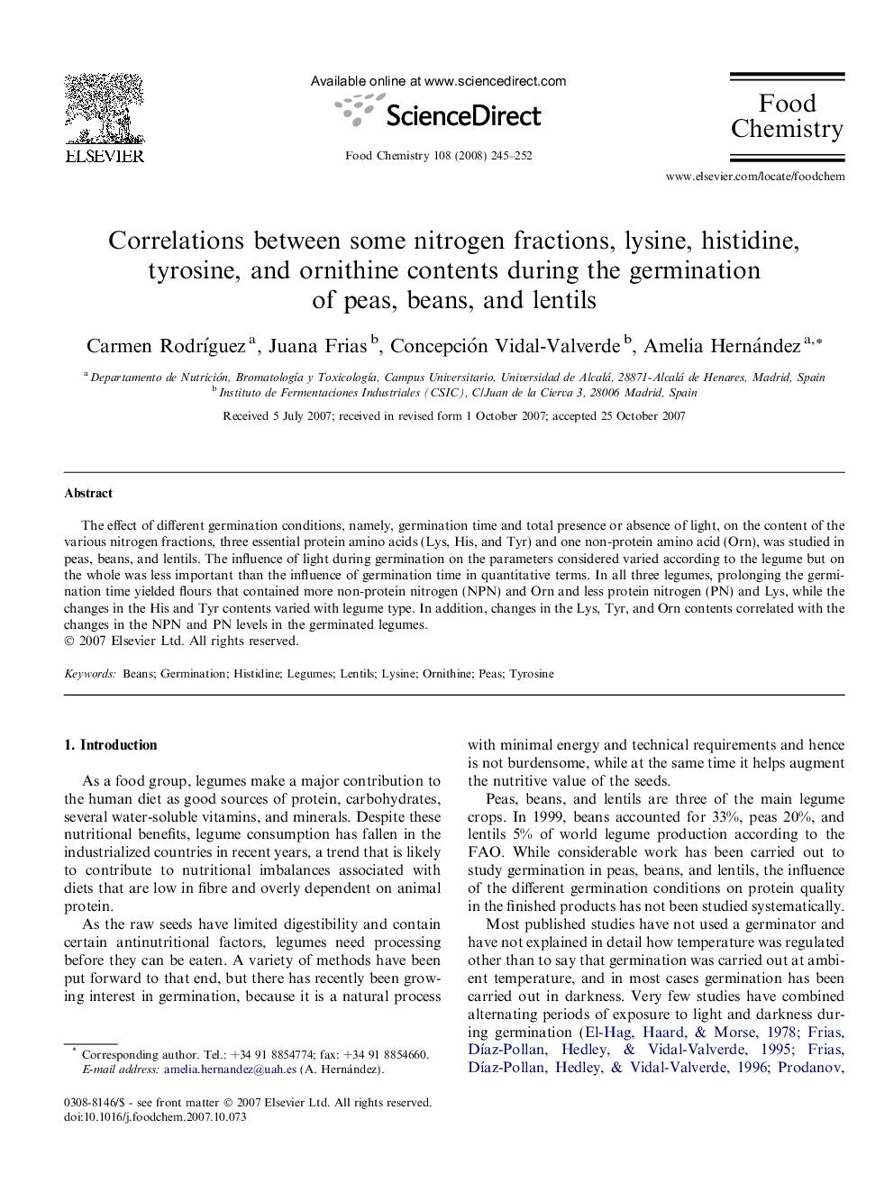 Correlations between some nitrogen fractions, lysine, histidine, tyrosine, and ornithine contents during the germination of peas, beans, and lentils