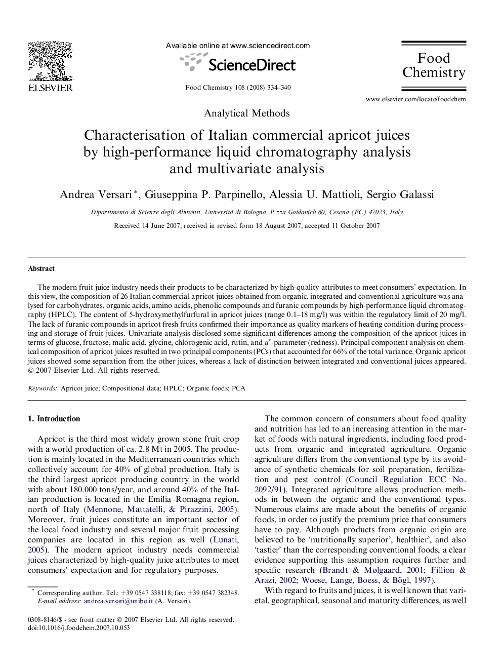 Characterisation of Italian commercial apricot juices by high-performance liquid chromatography analysis and multivariate analysis