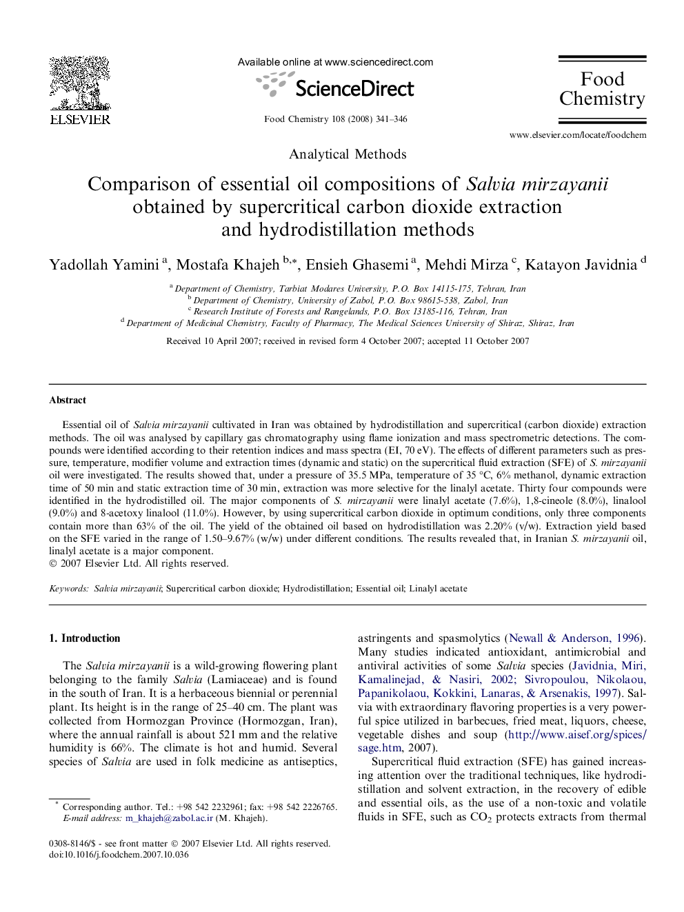 Comparison of essential oil compositions of Salvia mirzayanii obtained by supercritical carbon dioxide extraction and hydrodistillation methods