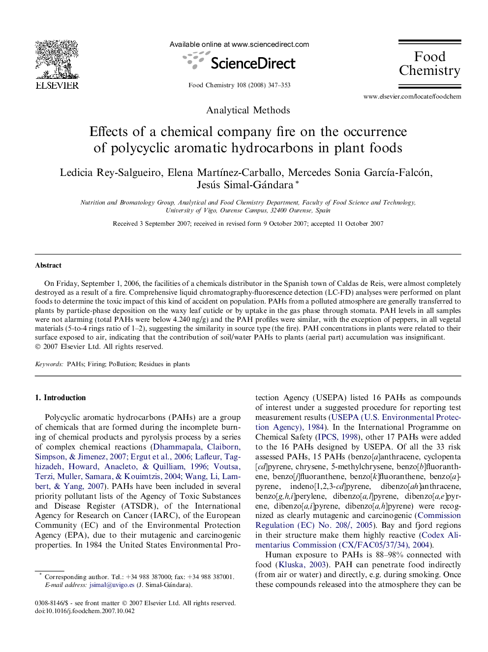 Effects of a chemical company fire on the occurrence of polycyclic aromatic hydrocarbons in plant foods