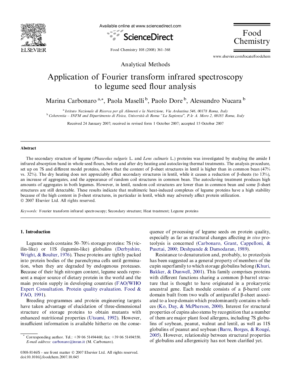 Application of Fourier transform infrared spectroscopy to legume seed flour analysis