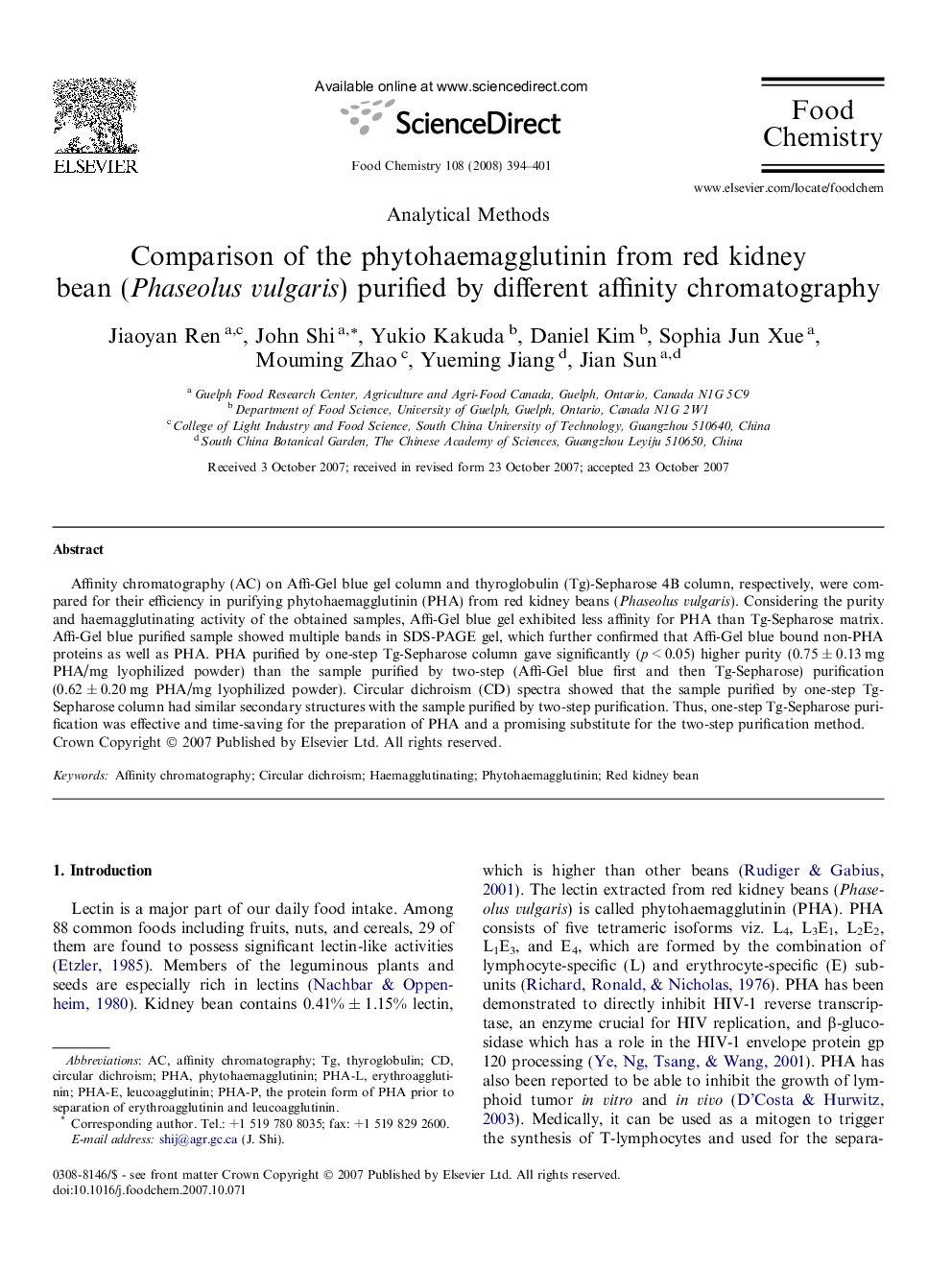 Comparison of the phytohaemagglutinin from red kidney bean (Phaseolus vulgaris) purified by different affinity chromatography