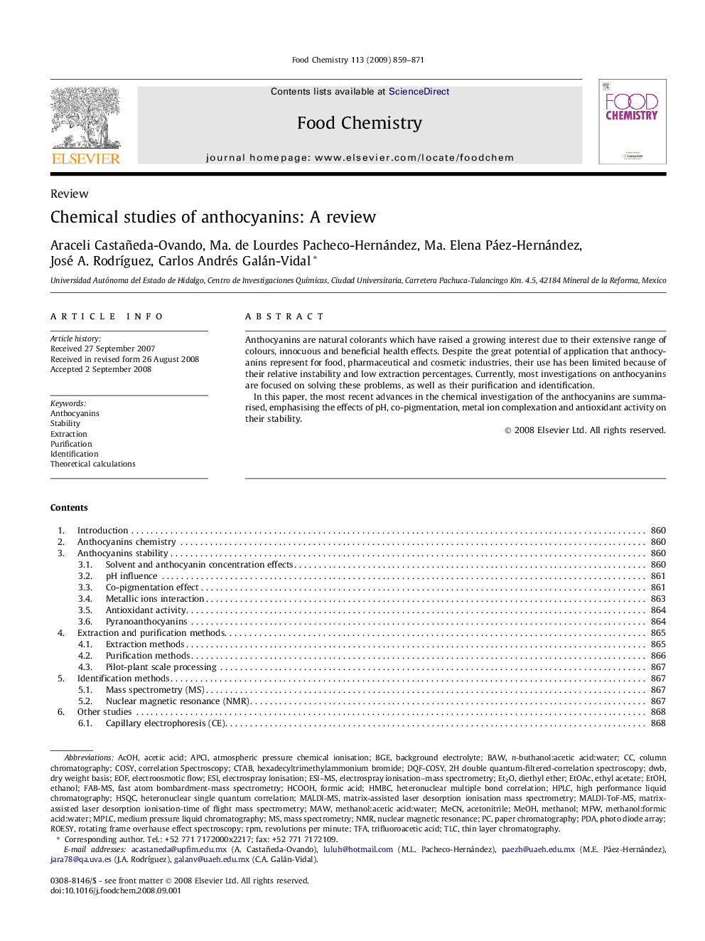 Chemical studies of anthocyanins: A review