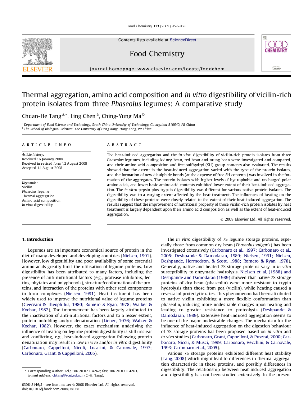 Thermal aggregation, amino acid composition and in vitro digestibility of vicilin-rich protein isolates from three Phaseolus legumes: A comparative study