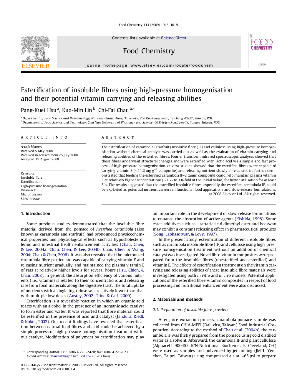 Esterification of insoluble fibres using high-pressure homogenisation and their potential vitamin carrying and releasing abilities