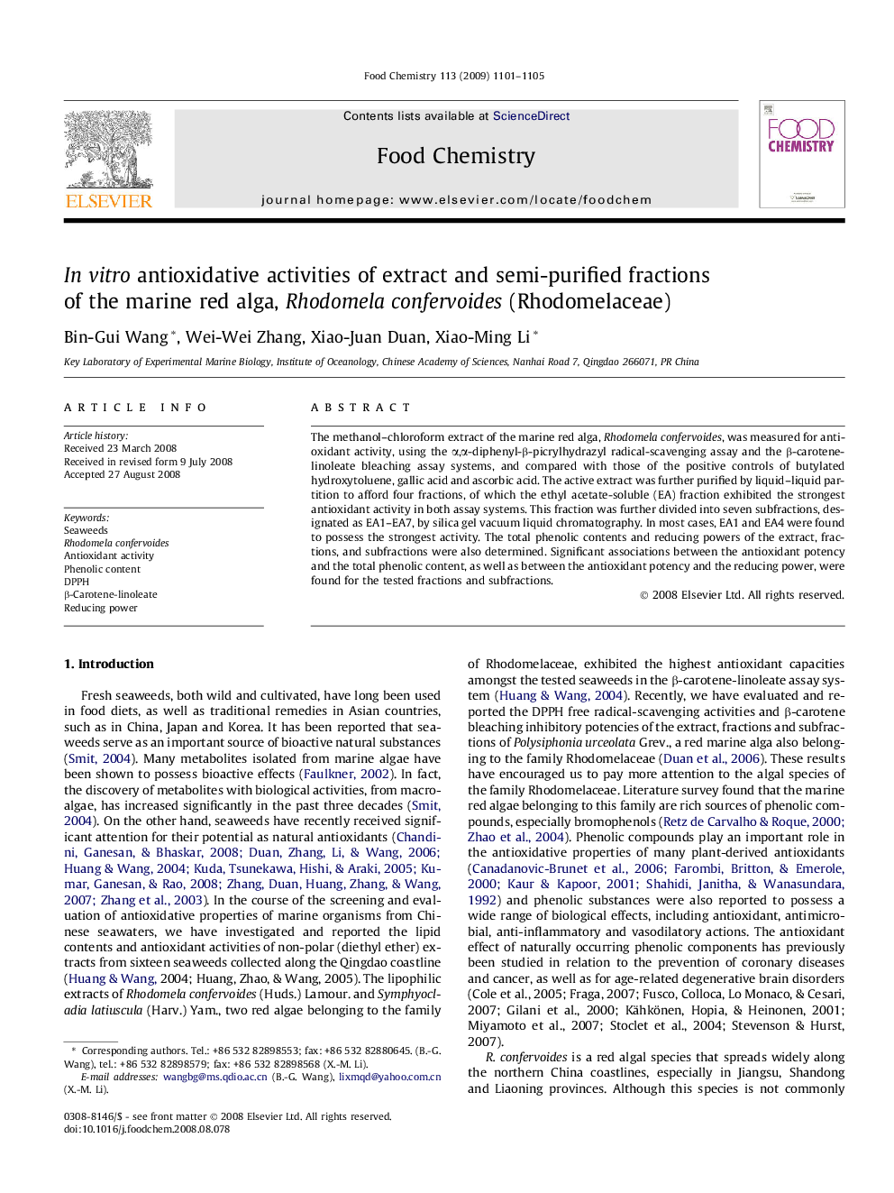 In vitro antioxidative activities of extract and semi-purified fractions of the marine red alga, Rhodomela confervoides (Rhodomelaceae)