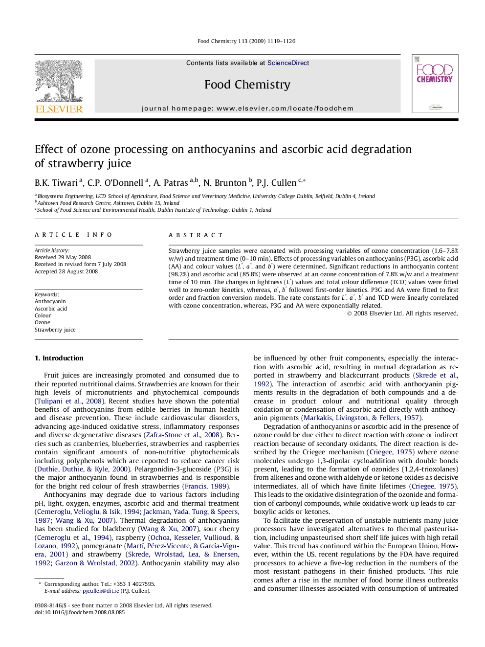 Effect of ozone processing on anthocyanins and ascorbic acid degradation of strawberry juice