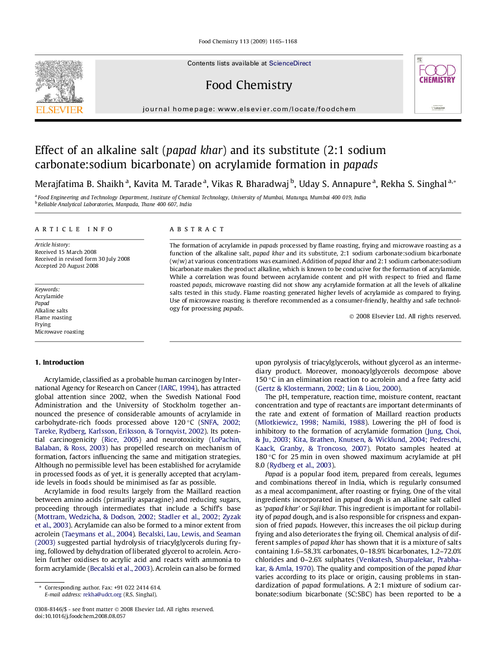 Effect of an alkaline salt (papad khar) and its substitute (2:1 sodium carbonate:sodium bicarbonate) on acrylamide formation in papads